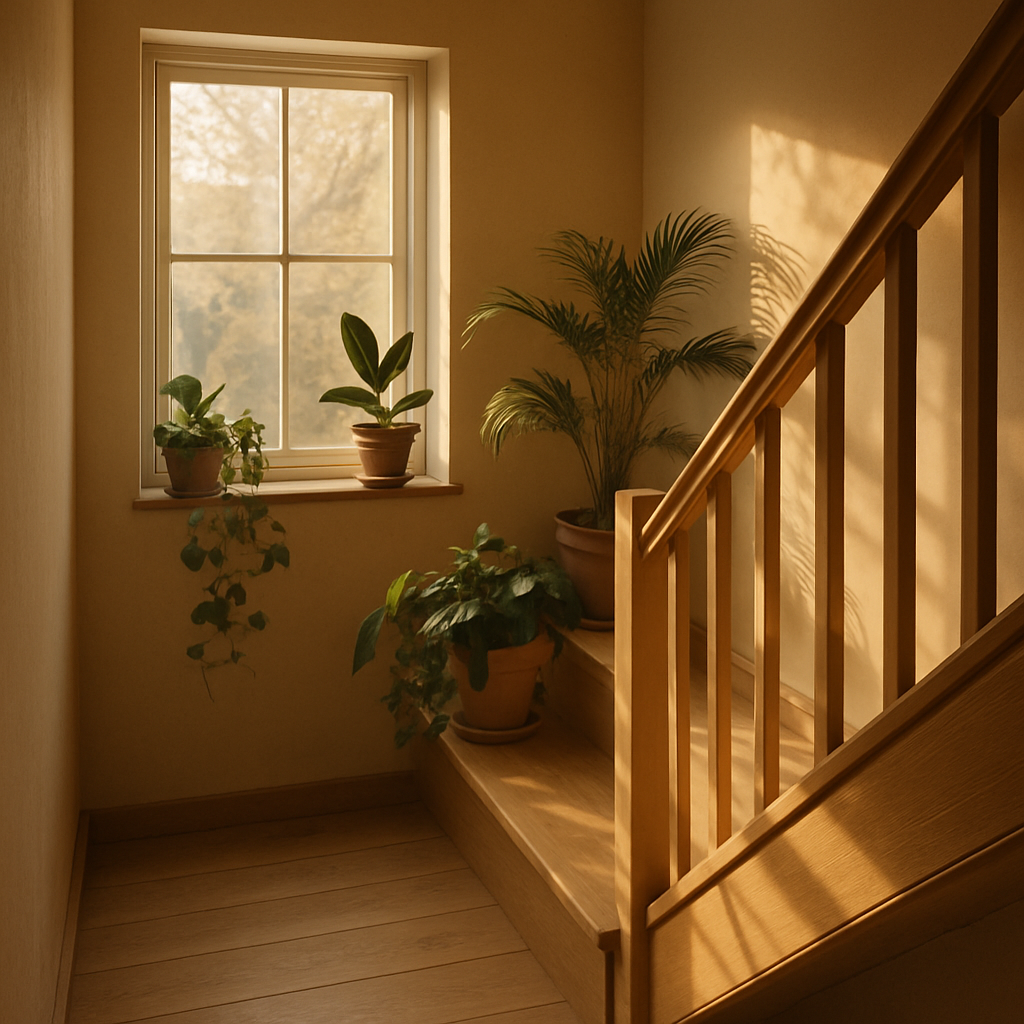 HIKARI HOUSE — 階段と窓辺から差し込む朝の光。木質と観葉植物が温もりを添える