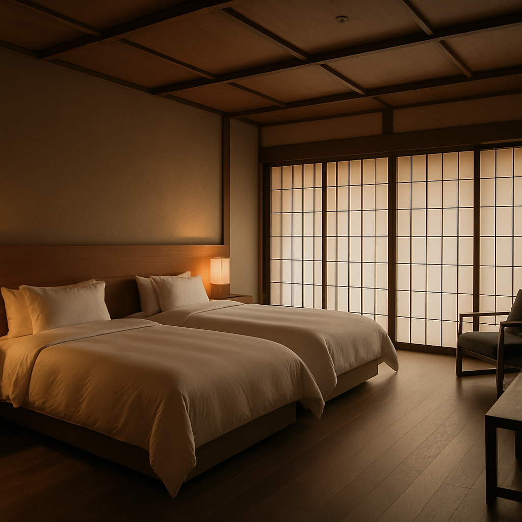 雅 MIYABI — 障子スクリーンと夕景の光が差し込む、落ち着いたベッドルーム