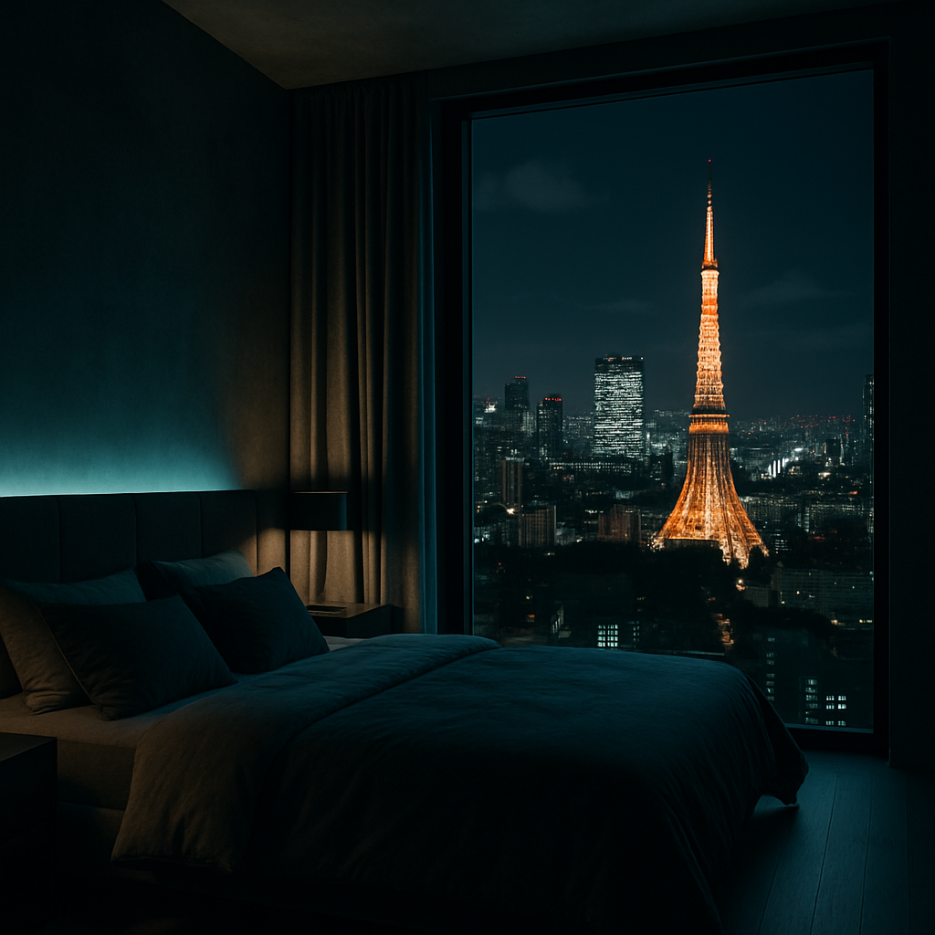 シアンのアクセント光が差し込む、東京夜景を望むコンテンポラリーベッドルーム — NEO TOKYO ARK