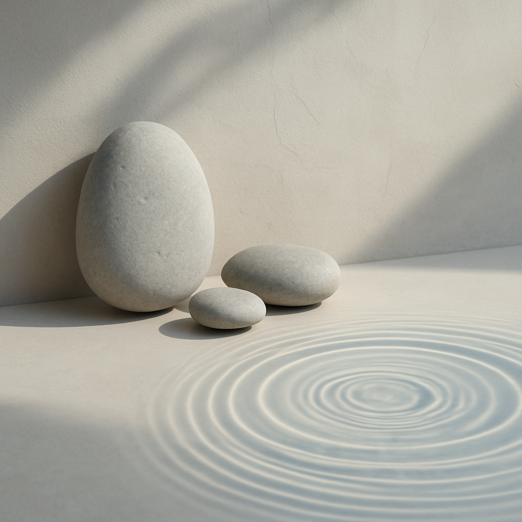 ZEN GATE — 石・水紋・淡い壁への影。禅の静謐なディテール